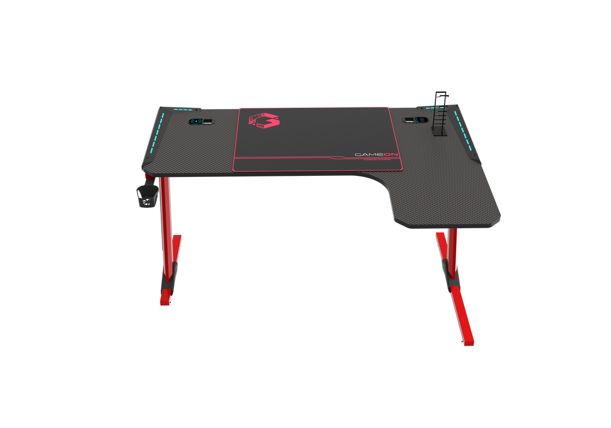 GAMEON Phantom XL-L Series L-Shaped RGB Flowing Light Gaming Desk With Mouse pad, Headphone Hook, Cup Holder, Cable Management, Gamepad Holder, Qi Wireless Charger & USB Hub - Black