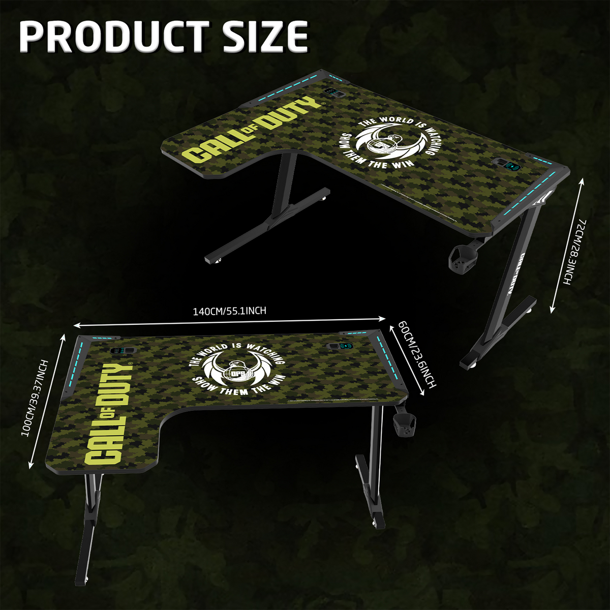 Call Of Duty (COD) x GAMEON Phantom XL-L Series L-Shaped RGB Flowing Light Gaming Desk (Size: 1400-600-720mm) With (800*300*3mm - Mouse pad), Headphone Hook, Cup Holder, Cable Management, Gamepad Holder, Qi Wireless Charger & USB Hub - Black/Green