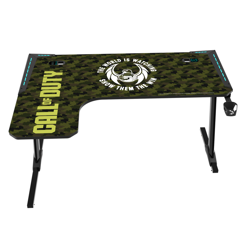 Call Of Duty (COD) x GAMEON Phantom XL-L Series L-Shaped RGB Flowing Light Gaming Desk (Size: 1400-600-720mm) With (800*300*3mm - Mouse pad), Headphone Hook, Cup Holder, Cable Management, Gamepad Holder, Qi Wireless Charger & USB Hub - Black/Green