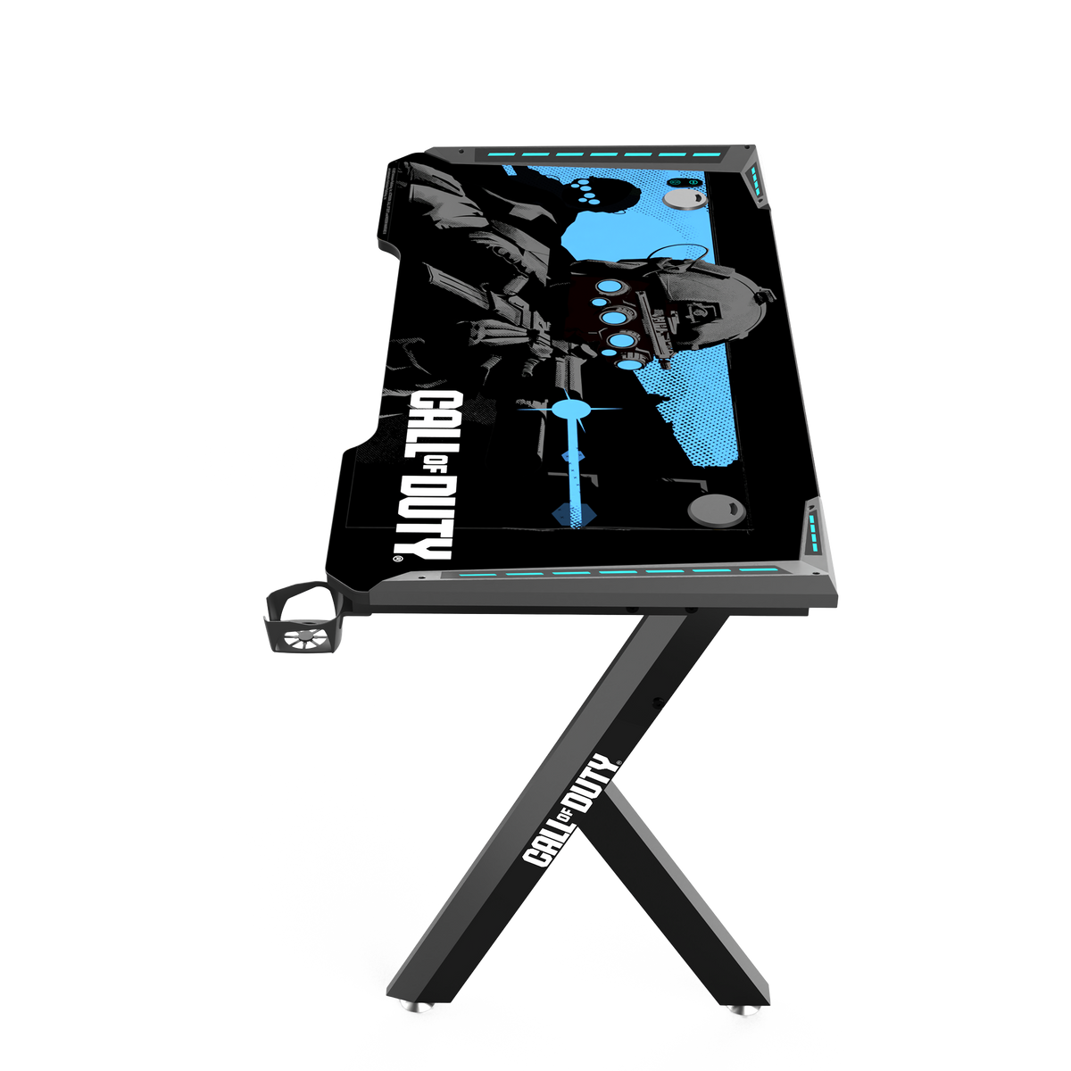 Call Of Duty (COD) x  GAMEON Hawksbill Series RGB Flowing Light Gaming Desk (Size: 1200-600-720mm) With (800*300*3mm - Mouse pad), Headphone Hook & Cup Holder - Black/Blue