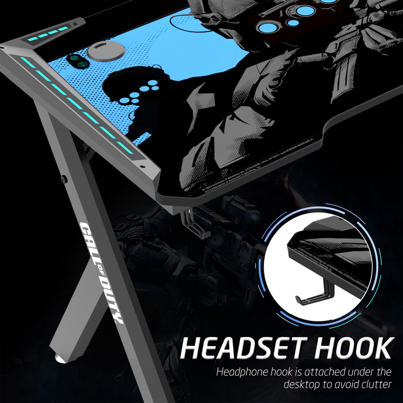 Call Of Duty (COD) x  GAMEON Hawksbill Series RGB Flowing Light Gaming Desk (Size: 1200-600-720mm) With (800*300*3mm - Mouse pad), Headphone Hook & Cup Holder - Black/Blue