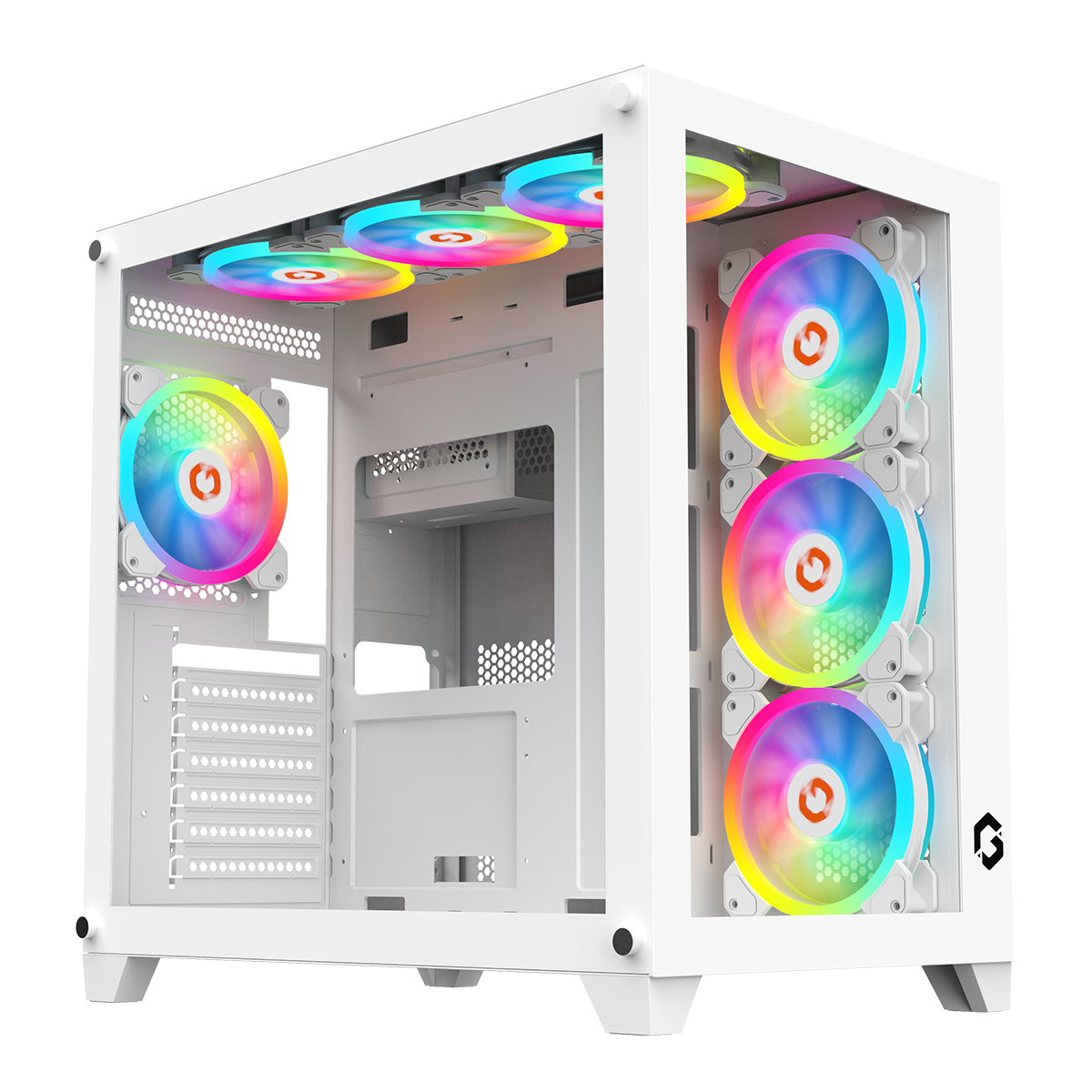 White GameOn Emperor Arctic case with tempered glass panels and ARGB fans