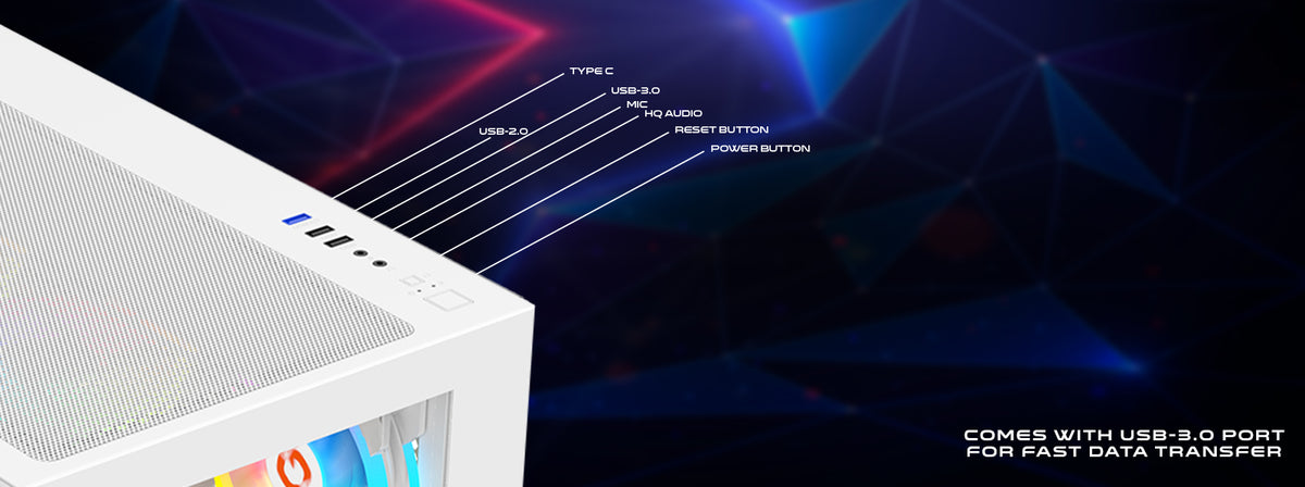 GameOn Emperor Arctic top panel USB and audio connections
