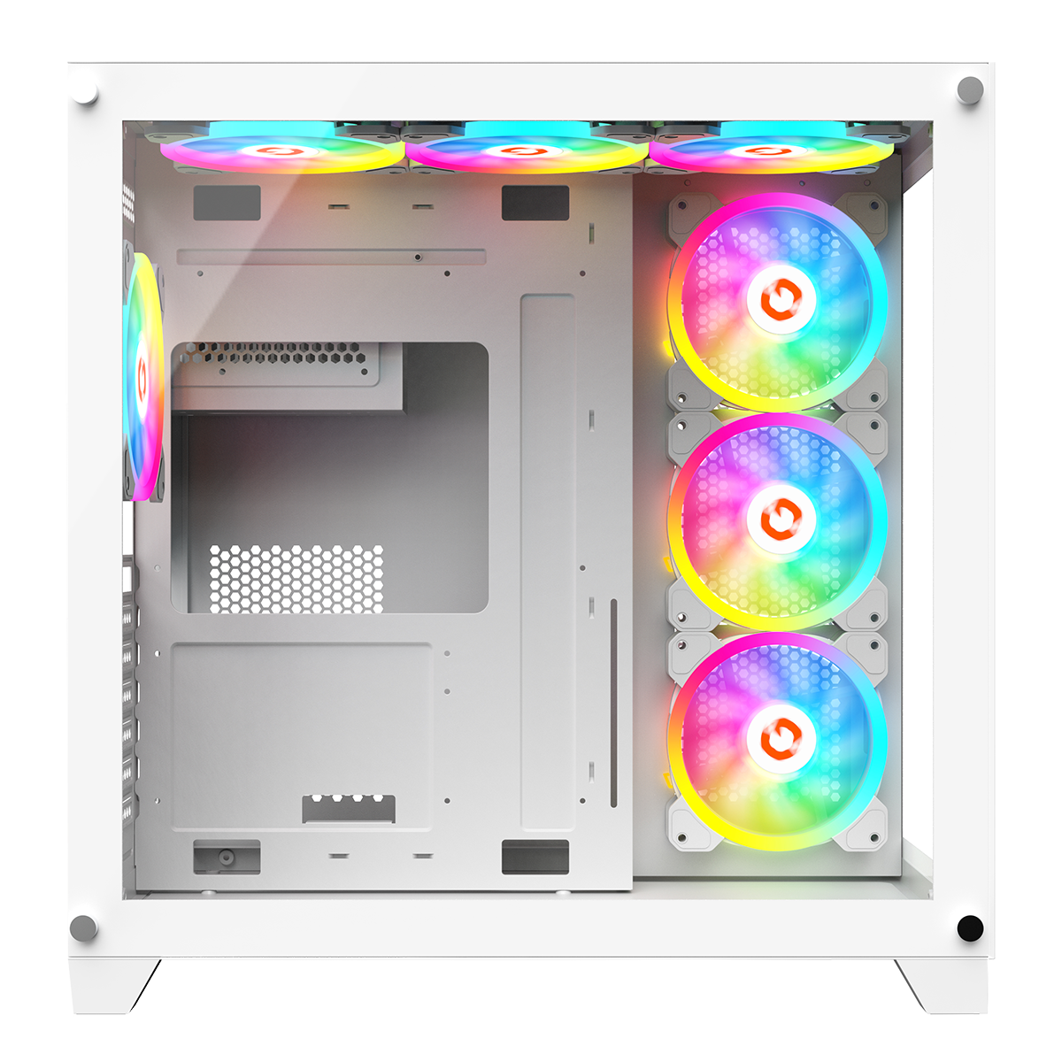 GameOn Emperor Arctic case interior with seven ARGB fans