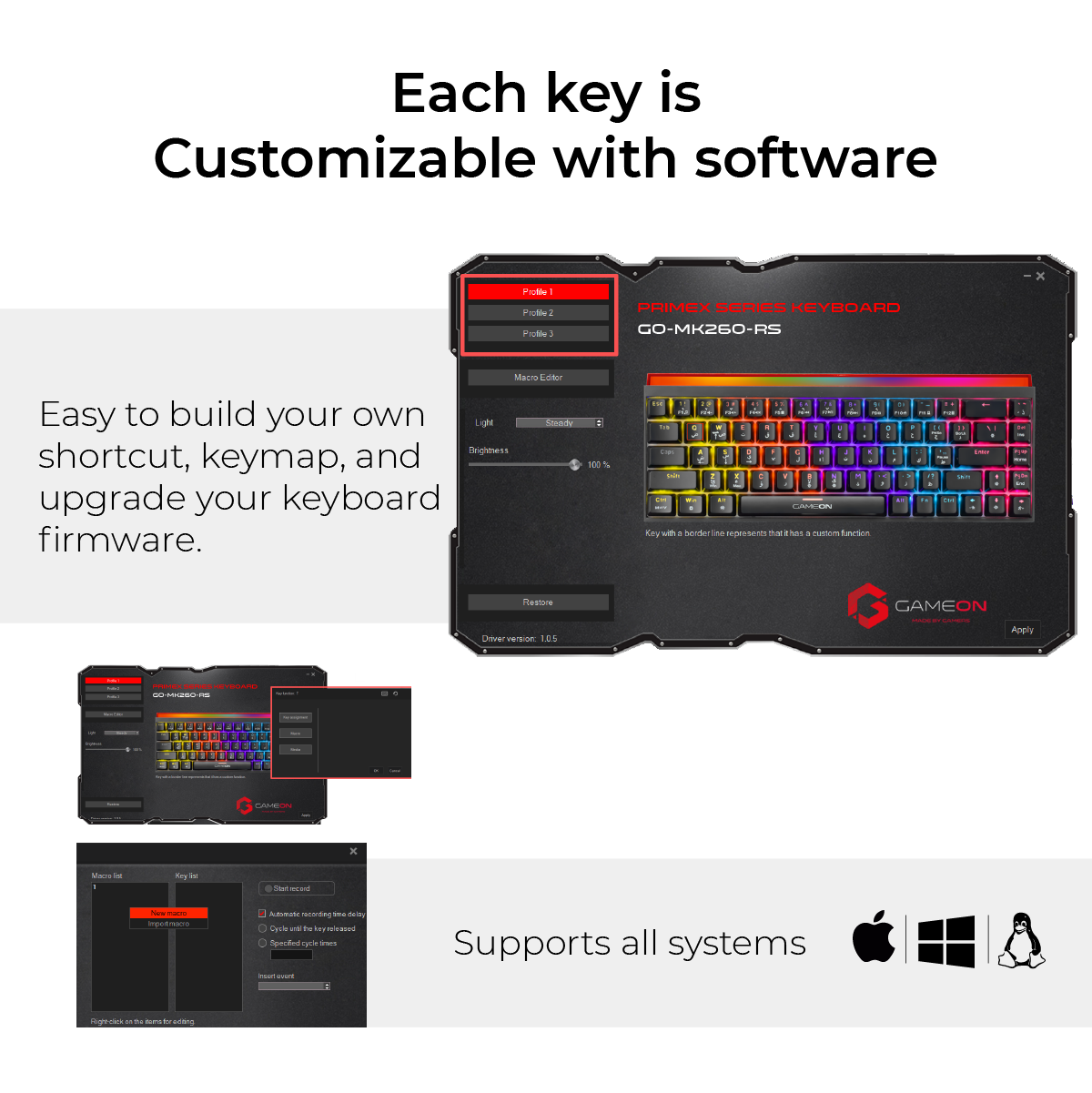 GAMEON PRIMEX Series GO-MK260-RS 60% RGB Mechanical Wired Gaming Keyboard with Customization Software, Red Switch - English/Arabic