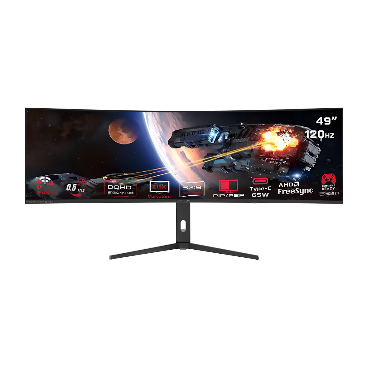 GAMEON GOC49DQHD120 Spectra Pro X Series 49" DQHD, 120Hz, MPRT 0.5ms, HDMI 2.1, Fast VA Panel Curved Gaming Monitor 1500R 32:9 (Supports PS5) - Black