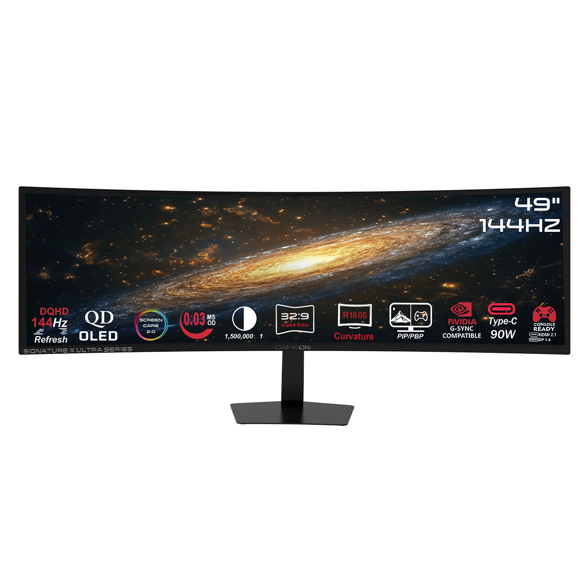 GAMEON GOM49DQDOLD144 Signature X Ultra-Wide Series 49" QD OLED (Screen care 2.0), 144Hz, MPRT 0.03ms, HDMI 2.1, Fast VA Panel Curved Gaming Monitor R1800 (Supports PS5) – Black