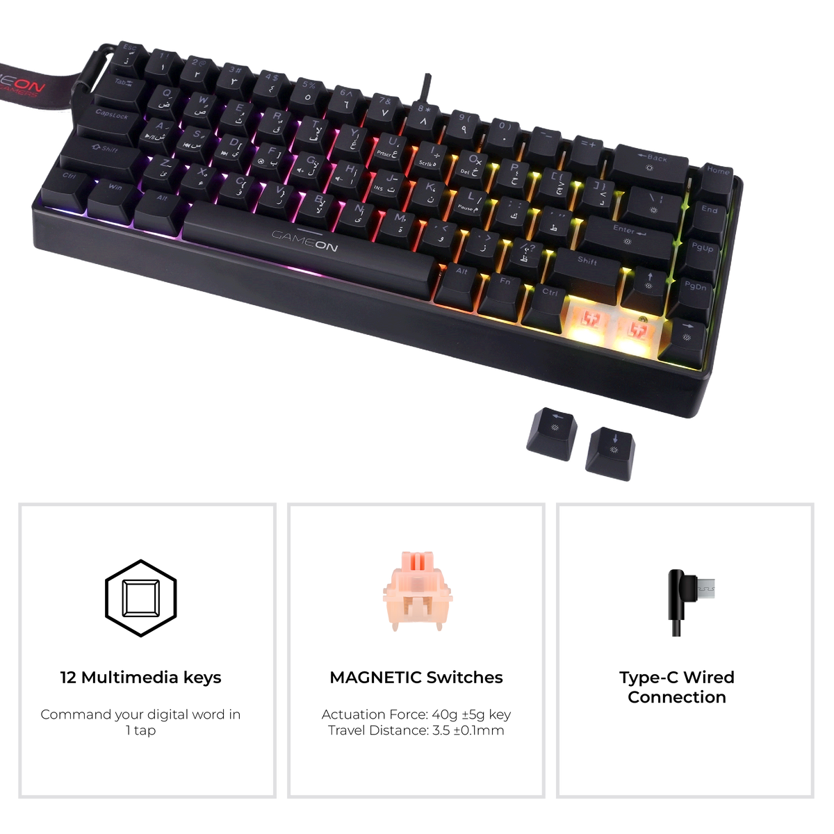 GAMEON MAGPRO Series GOMG1K8-RS 60% RGB Magnetic Mechanical Wired Gaming Keyboard with Customization Software & Wrist Band, Pink Switch - English/Arabic