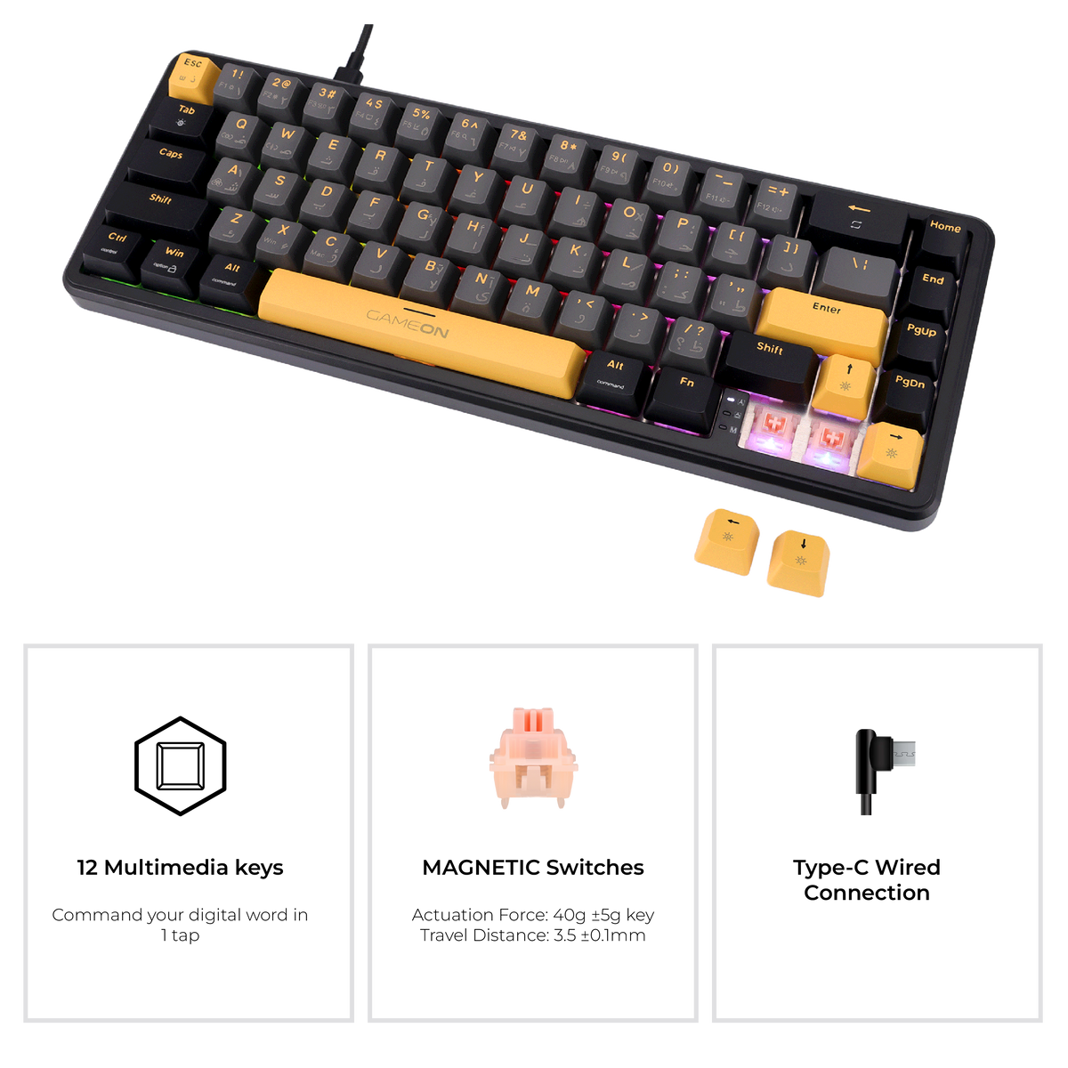 GAMEON VOLT Series GOMGK68-RS 60% RGB Magnetic Mechanical Wired Gaming Keyboard with Customization Software, Pink Switch - English/Arabic