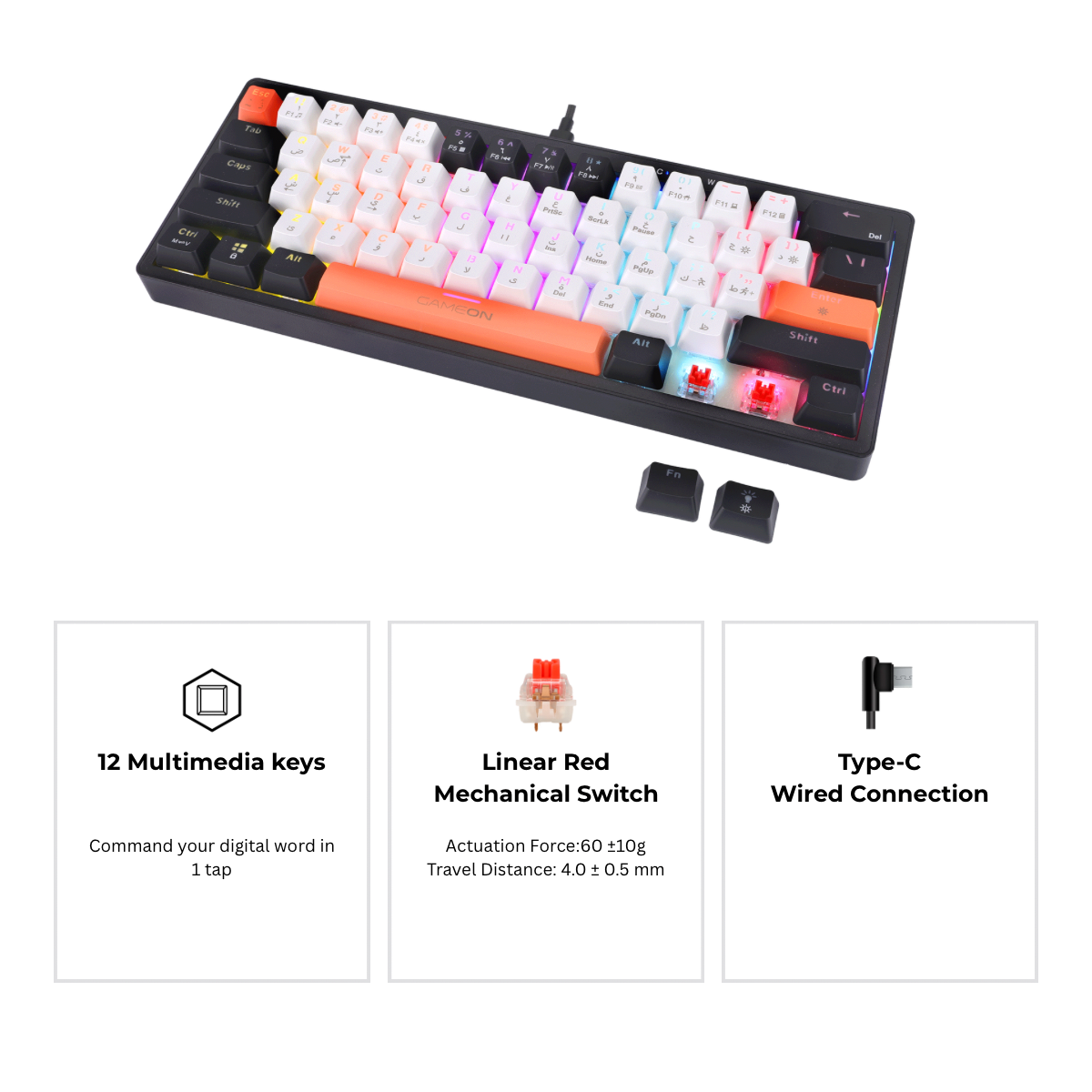 GAMEON AEROX Series GOMK160-RS 60% RGB Mechanical Wired Gaming Keyboard, Red Switch - English/Arabic