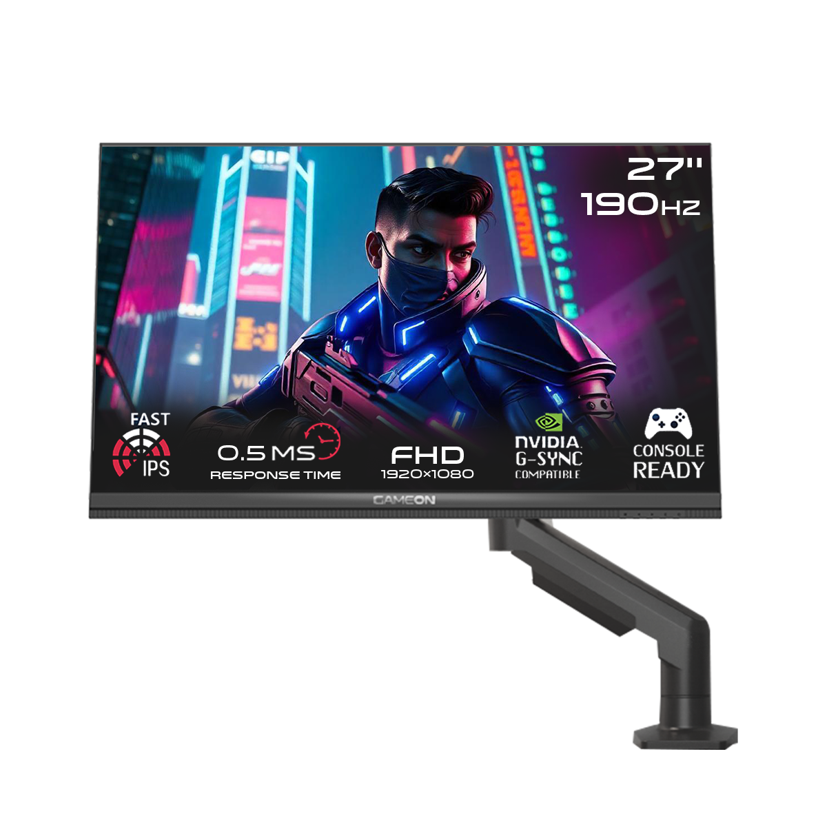 GAMEON GOM27FHD190IPSX Midnight Pro X Series 27" FHD, 190Hz, MPRT 0.5ms, HDMI 2.1, Fast IPS Gaming Monitor (Supports PS5) with Stand - Black